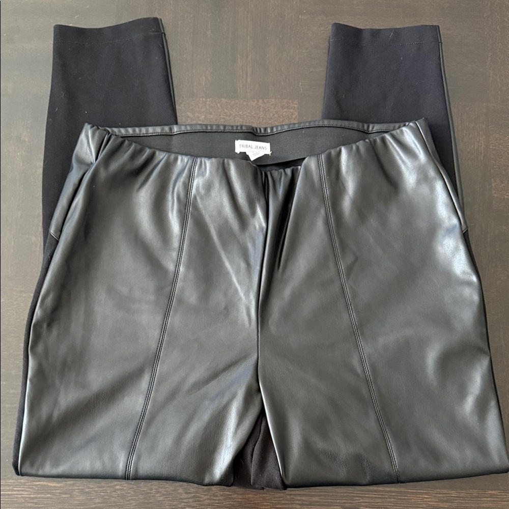 Tribal Black Faux Leather-Front Leggings